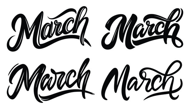 March calligraphy inscription Collection set. Phrase for count of every month. Ink illustration. Modern brush calligraphy. Isolated on white background.