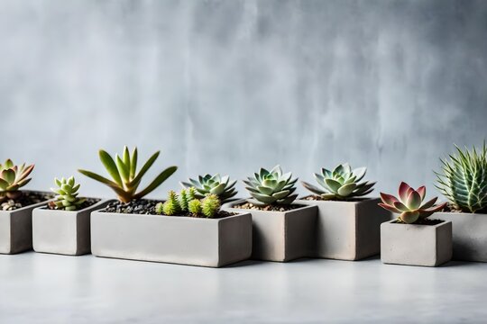 Row of little succulent plants in modern geometric concrete planter