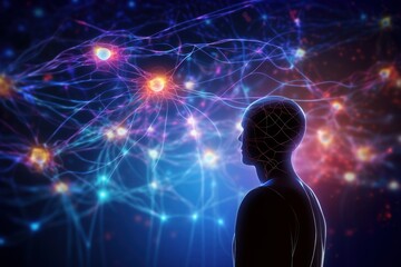 A man in a futuristic digital world. Luminous neural impulses, neural network connections, artificial intelligence.