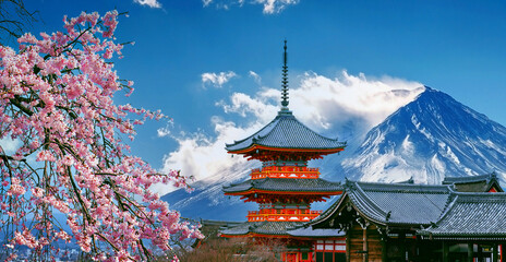 Cherry blossoms and red pagoda in Japan.