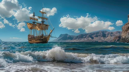 Türaufkleber Pirate ship on the coast, with waves and blue sky in the background © Kaleb