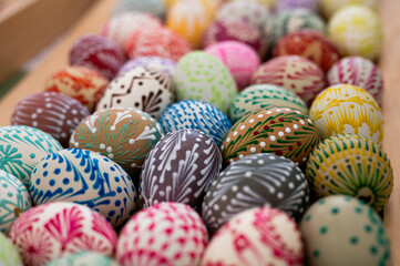 Close-up of colorful easter eggs in container