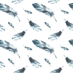 Watercolor seamless pattern with monochrome bird feathers grey black color with granulation of shades, ornaments. Quills wings drawing illustration. Wallpaper wrapping fabric Isolated white background