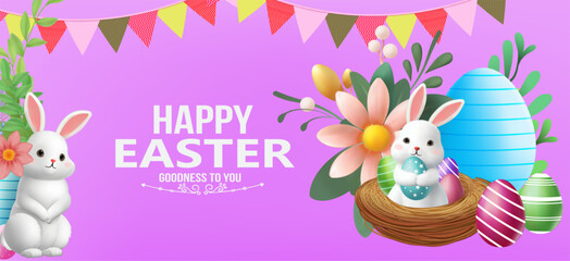3D Vector Easter banner with rabbits and beautiful painted eggs on background.Greetings and presents for Easter Day Concept of Easter egg hunt or egg decorating art