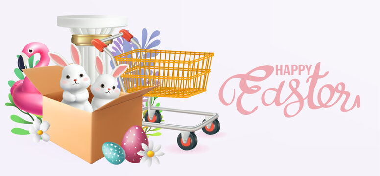 3D Vector Easter banner Sale poster with rabbits and beautiful painted eggs on background.Greetings and presents for Easter Day Concept of Easter egg hunt or egg decorating art