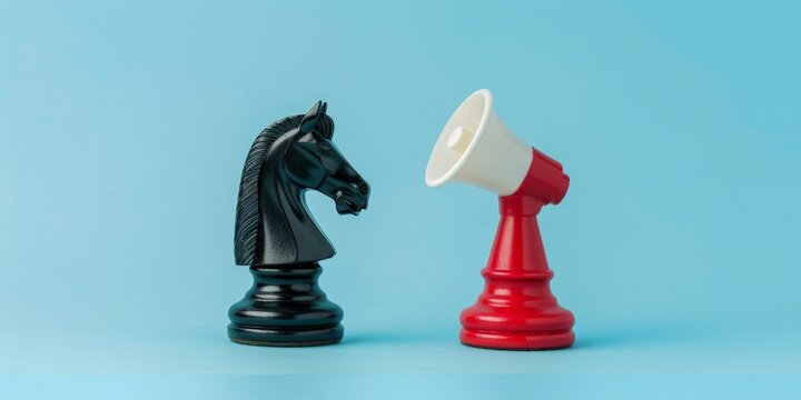 Megaphone and black chess knight on blue background, marketing strategy concept