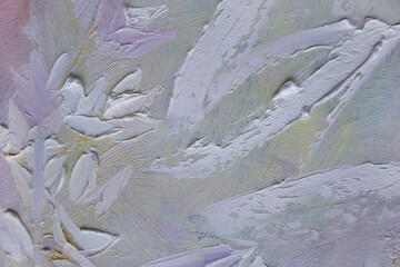 Abstract white flowers background. Palette knife texture of oil paint.
