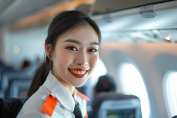 Portrait of a beautiful asian smiling stewardess on an airplane
