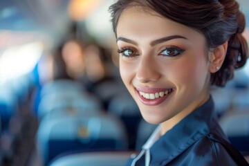 Portrait of a beautiful smiling stewardess on an airplane