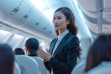 Portrait of a beautiful asian stewardess working on an airplane