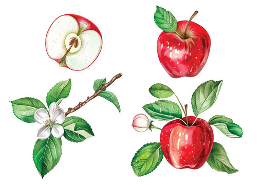 A set of vector branches watercolor apple. Illustration of summer fruits for scrapbook, label, poster, print, menu