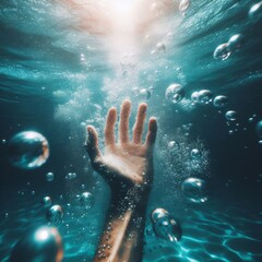 Captured from below, a human hand stretches toward the water's surface, encapsulated by bubbles and refracted light. The image symbolizes aspiration and the reach for the beyond. AI generation