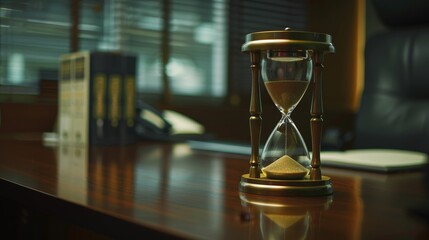 Hourglass on office desk, concept of time management at work