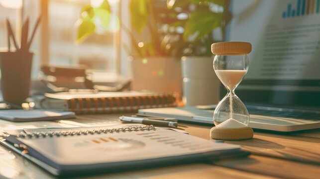 Hourglass on office desk, concept of time management at work