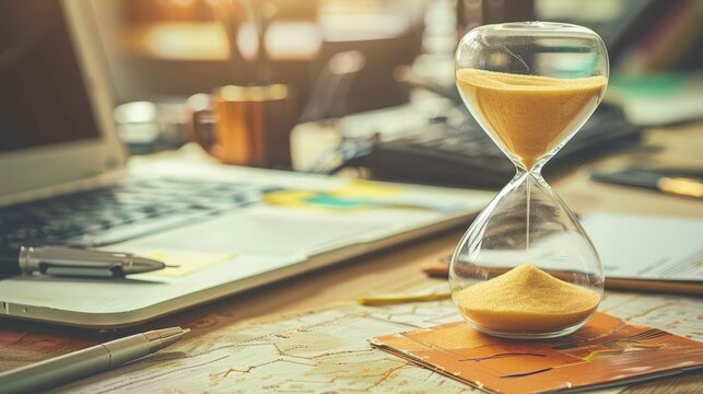Hourglass on office desk, concept of time management at work