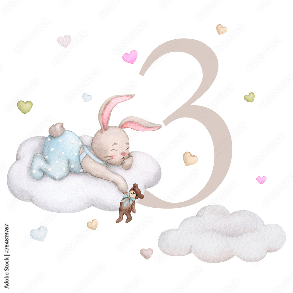 Wall mural Baby milestone cards in pastel colors. 3 months. Newborn boy or girl. Watercolor baby month anniversary card. Capture all the special moments of little one’s in their first year. Three month old baby.