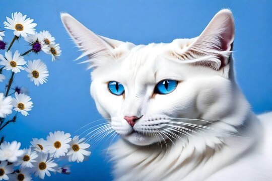 Portrait of a beautiful white cat with crystal eyes and snow like smooth furs
