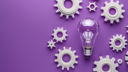 Fototapeta na wymiar Light bulb and gears on purple background, concept of ideas and creativity