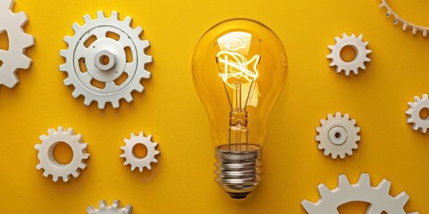 Fototapeta na wymiar Light bulb and gears on yellow background, concept of ideas and creativity