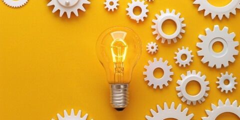 Light bulb and gears on yellow background, concept of ideas and creativity - obrazy, fototapety, plakaty