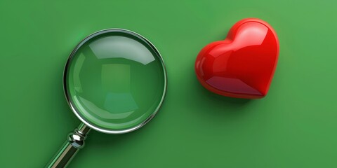 Magnifying glass and heart on green background with copy space
