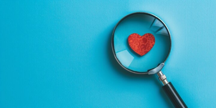 Magnifying glass and heart on blue background with copy space