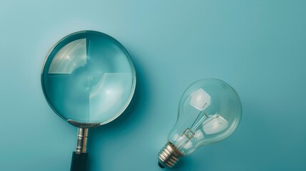 Magnifying glass and light bulb on blue background, concept of searching for ideas	