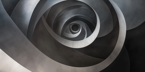 Monochromatic spiral staircase abstract with a focus on geometric shapes and shadows.