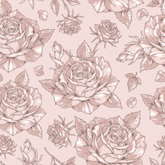 Rose buds monochrome seamless pattern