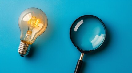Magnifying glass and light bulb on blue background, concept of searching for ideas	