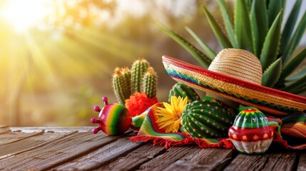 Traditional Mexican sombreros, cacti and colorful decorations on a wooden table and landscape in the background - obrazy, fototapety, plakaty