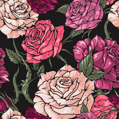 Rose flowers seamless pattern colorful - obrazy, fototapety, plakaty