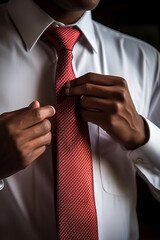 a close-up of someone tying a necktie, focusing on the details of this essential step in dressing for a formal office setting сreated with Generative Ai