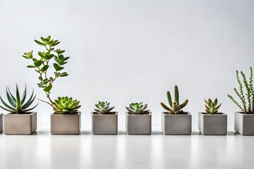 Row of little succulent plants in modern geometric concrete planter - obrazy, fototapety, plakaty