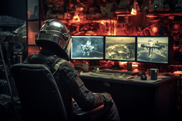 a soldier man wearing helmets sitting monitor in a commander room.
 
