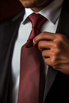 a close-up of someone tying a necktie, focusing on the details of this essential step in dressing for a formal office setting сreated with Generative Ai