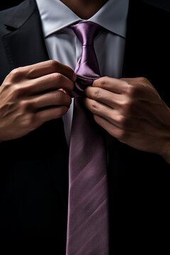 a close-up of someone tying a necktie, focusing on the details of this essential step in dressing for a formal office setting сreated with Generative Ai