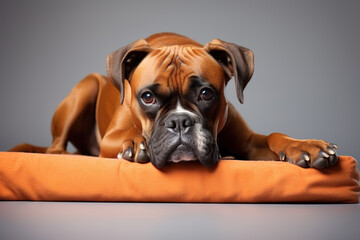 Image of cute boxer dog lying on sleeping cushion. Pet. Animals.