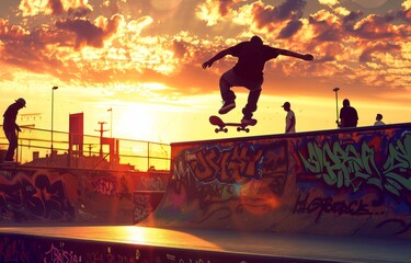 Skateboarder Performing Tricks at Urban Skate Park During Golden Sunset - Vibrant Street Culture