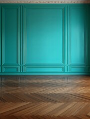 a floor in an empty room with the turquoise wall