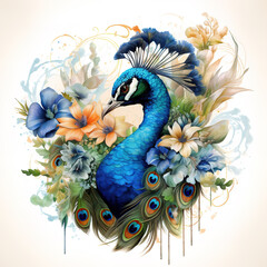 Image of a peacock head with colorful tropical flowers on white background. Birds. Wildlife Animals.