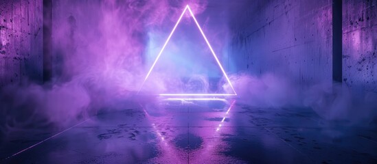 A triangle in purple hue stands out in the darkness of the room, glowing brightly due to neon lights surrounding it