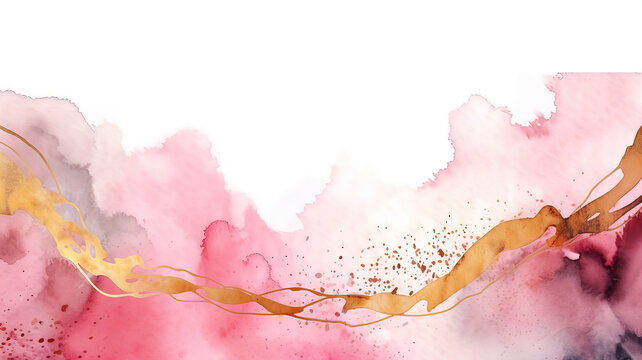 Abstract wavy curved shapes watercolor painting. Made of white, gold and pink paints