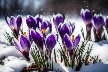 Purple crocuses growing through the snow in early spring