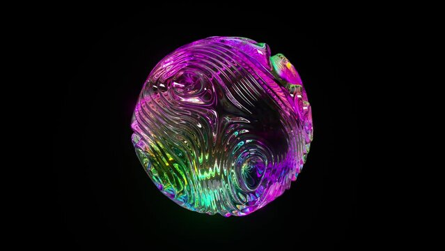 Iridescent orb pulses with fluid patterns, against a black backdrop.