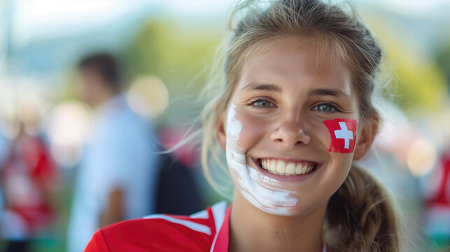 Portrait of happy young woman with Swiss flag on her face. Concept of 2024 UEFA European Football Championship	
