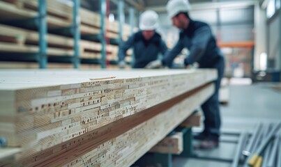 Two carpenters working together in an industrial wood factory, focusing on precision in craftsmanship