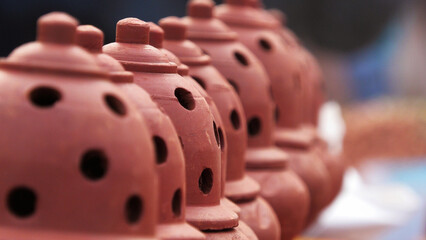 Traditional clay incense burners displayed in a shop