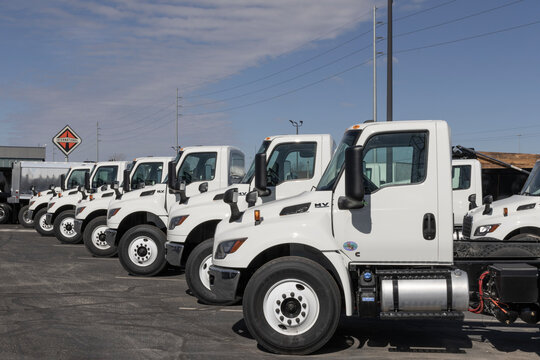 Navistar International Semi Tractor Trailer Truck display at a dealership. Navistar International is subsidiary of Traton.