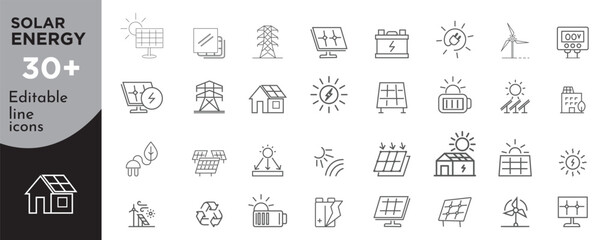 Solar Energy Editable Stroke Line Icons - stock illustration